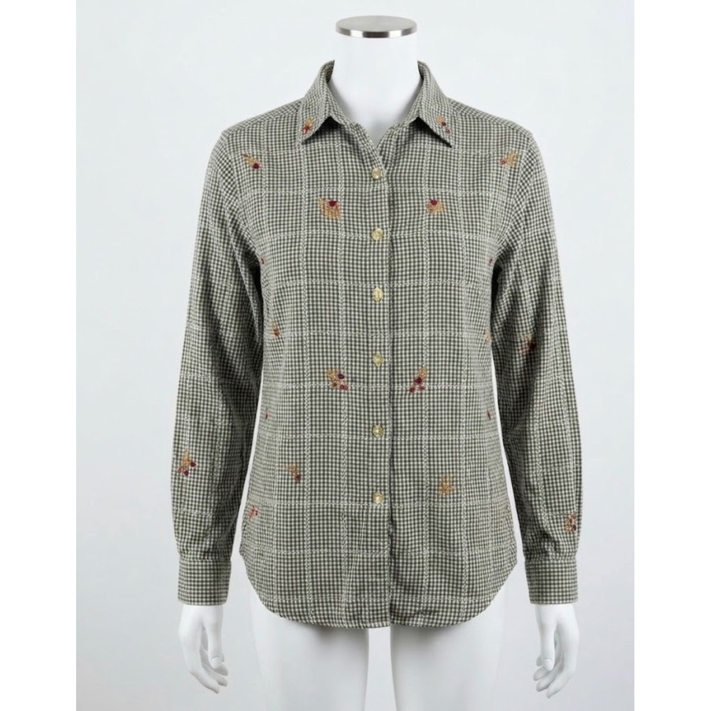 Black Gingham Floral Embroidered Cotton Button Down Shirt S Fall Autumn